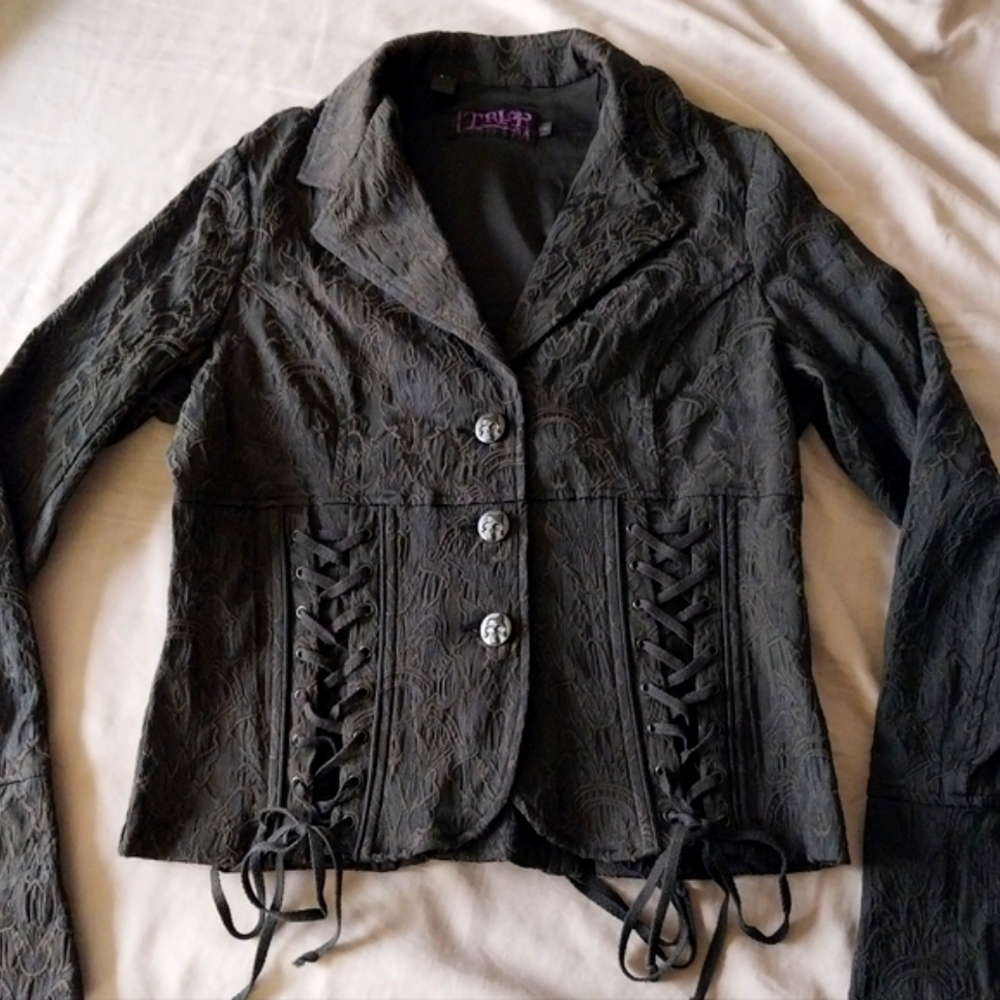 Vintage Y2K Tripp nyc black brocade corset lace-up victorian vampire jacket - Picture 2 of 12